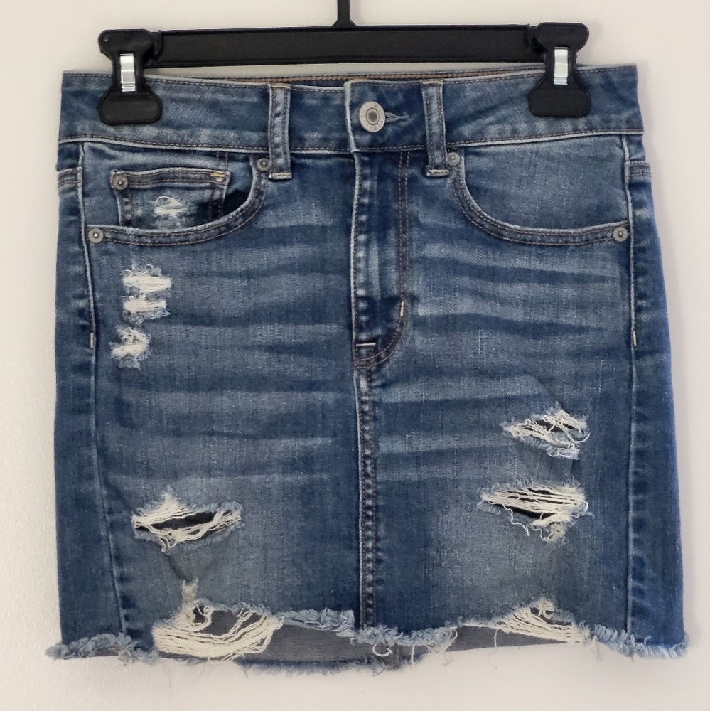 American Eagle distressed denim hi-rise mini skirt